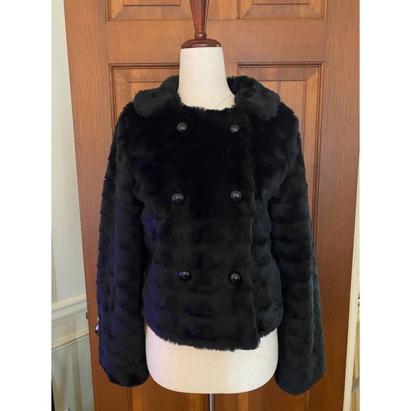 American Eagle Faux Fur Jacket Womens‎ XS Black Double-Breasted Coat Winter - Picture 1 of 11